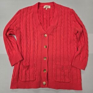 THE GREAT Cable Knit Cardigan Sweater Coral Pink‎ Button Front Pockets Size 2